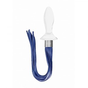 CHR020WHT TAIL – WHITE PLUG ANALE IN VETRO BOROSILICATO BIANCO CON FRUSTA IN FINTA PELLE BLU