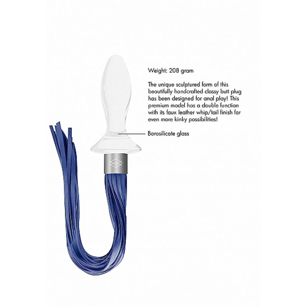 CHR020WHT TAIL – WHITE PLUG ANALE IN VETRO BOROSILICATO BIANCO CON FRUSTA IN FINTA PELLE BLU