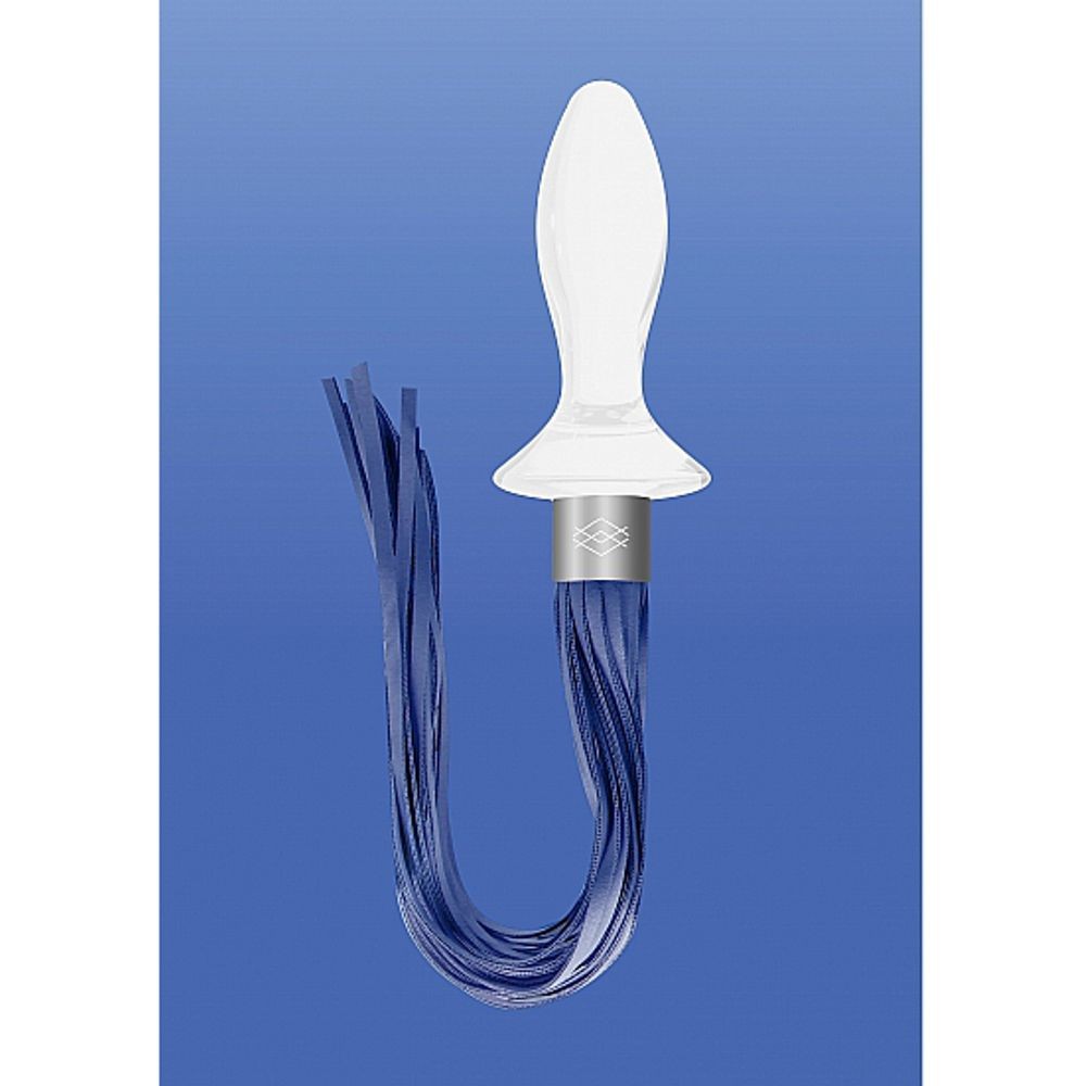 CHR020WHT TAIL – WHITE PLUG ANALE IN VETRO BOROSILICATO BIANCO CON FRUSTA IN FINTA PELLE BLU