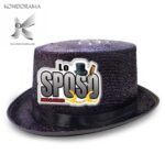 2734-09 CAPPELLO CILINDRO GLITTER NERO CON APPLICAZIONE RESINATA “LO SPOSO” ADDIO AL CELIBATO PARTY